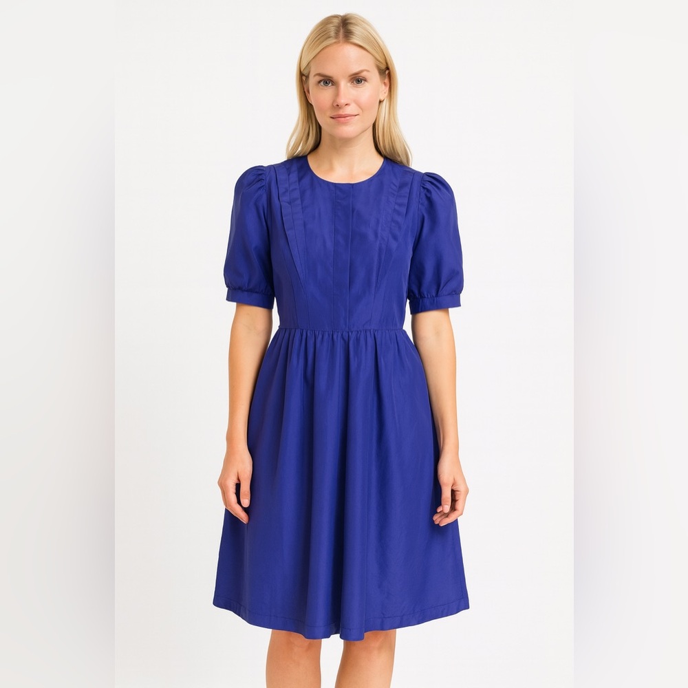 Vintage 80s Cobalt Blue Midi Dress Button Front Minimalist